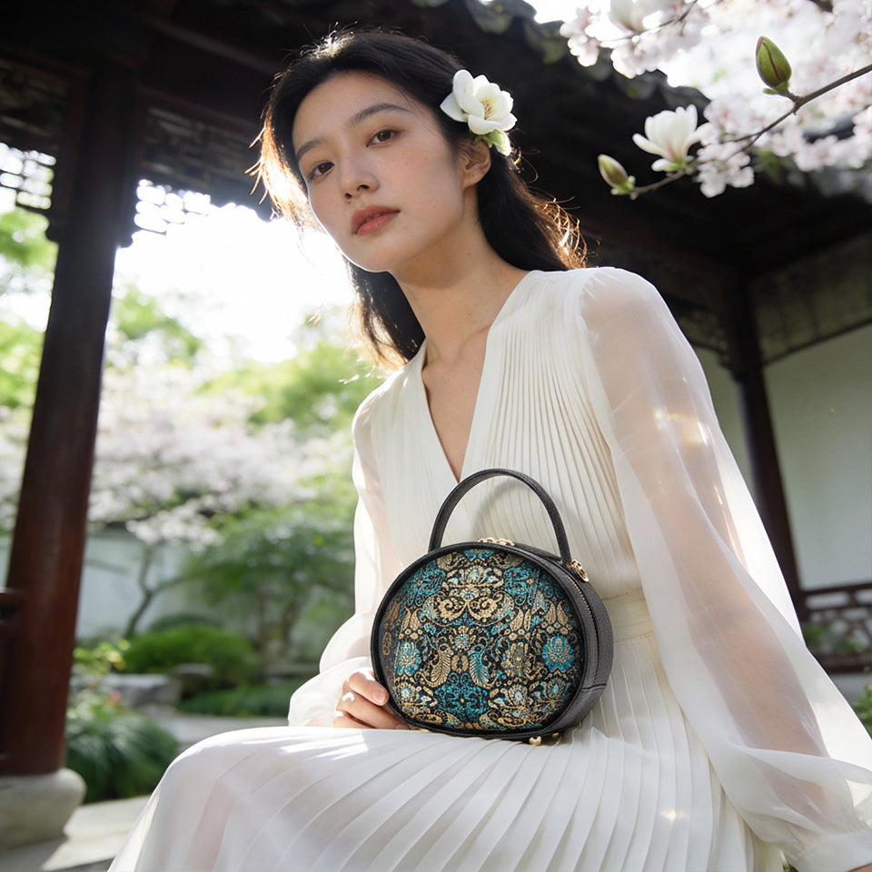 Chinoiserie Luxury Song Brocade Black Handbag With Plantain Leaf Pattern.