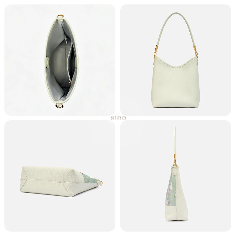 Interior, pale green leather back, structured base, and side profile of the Springtime Tales shoulder bag.