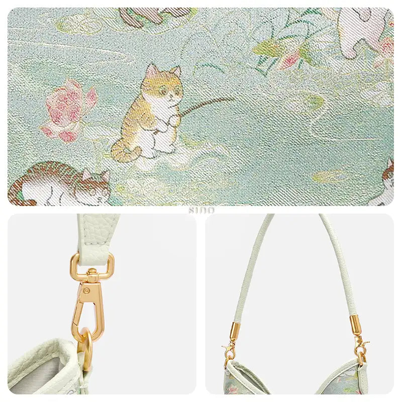Close-up of the Springtime Tales Song Brocade cat and lotus motif, leather strap, and gold-tone hardware.