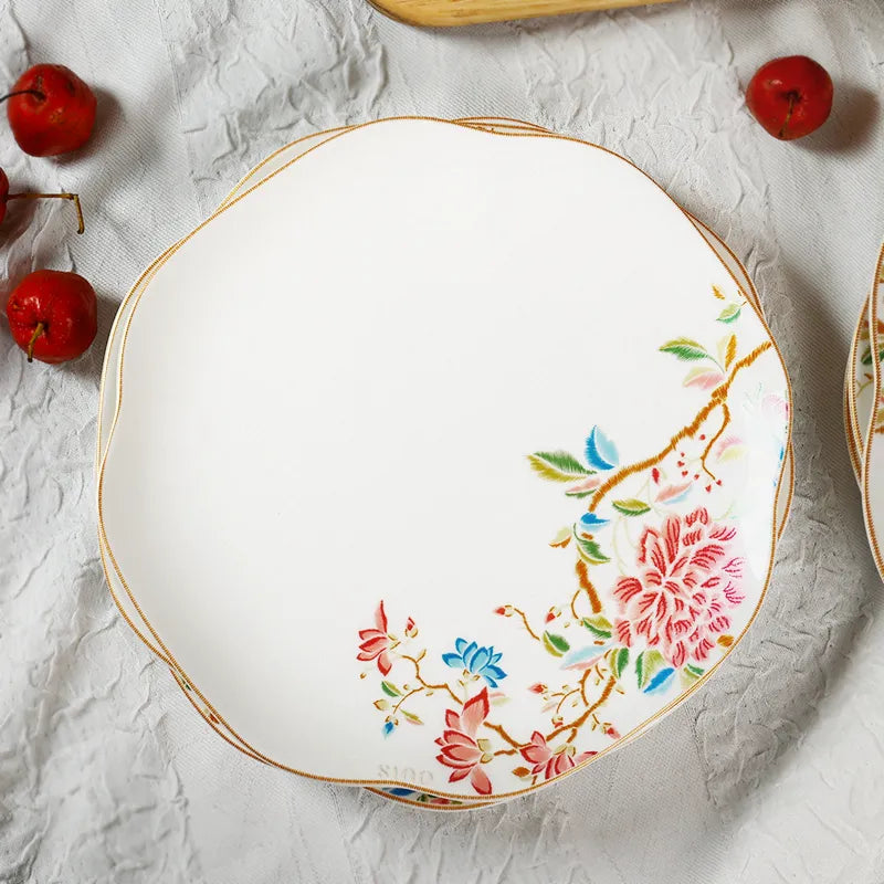 Top-down view of 8-inch chinoiserie porcelain plate showing full floral pattern.