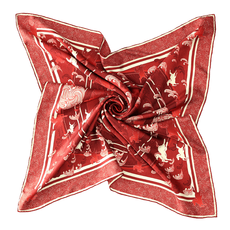 Steed Across the Tides red Mulberry Silk Square Scarf arranged in a flowing swirl with layered horse and wave motifs.