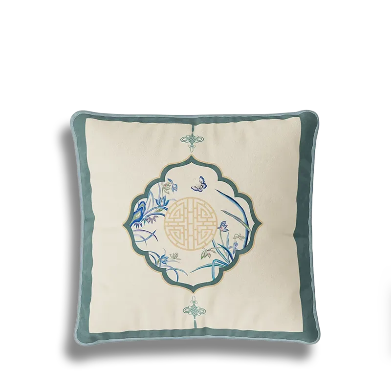 Summer blue Chinoiserie throw pillow with longevity motif.