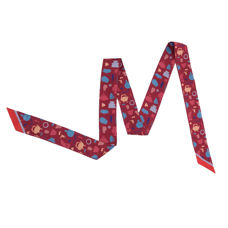 Red Suzhou Museum Artifact Silhouette Print Mulberry Silk Twilly with colorful museum-inspired motifs.