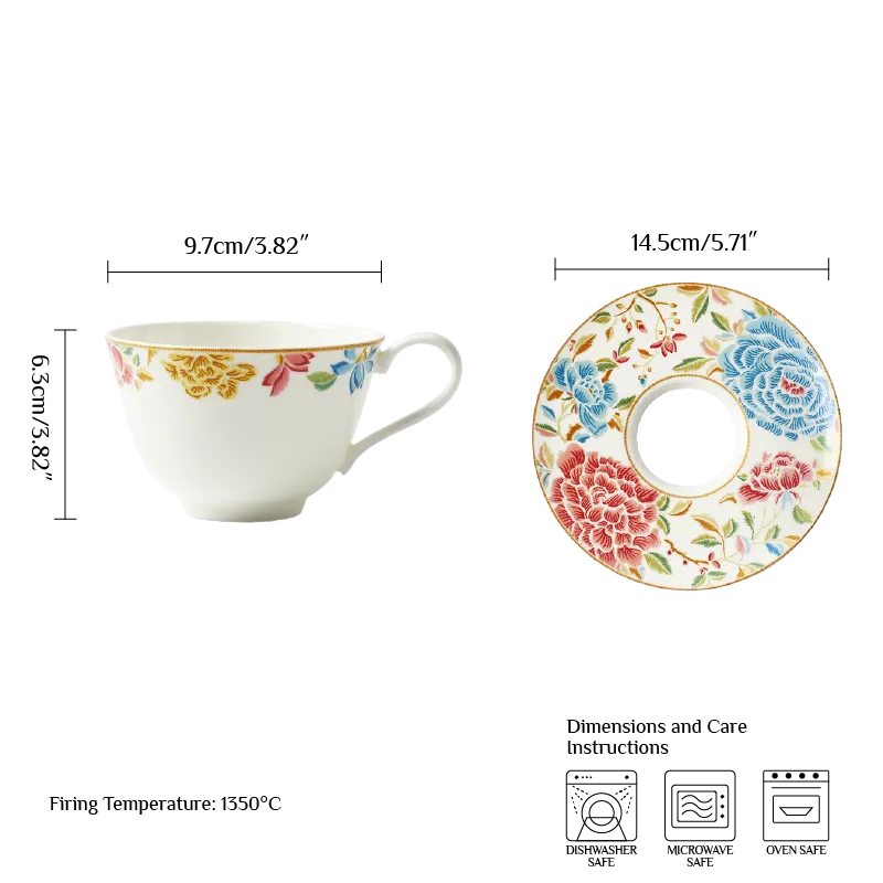 Scale diagram: 180 ml floral cup with 5.71-inch saucer measurements.