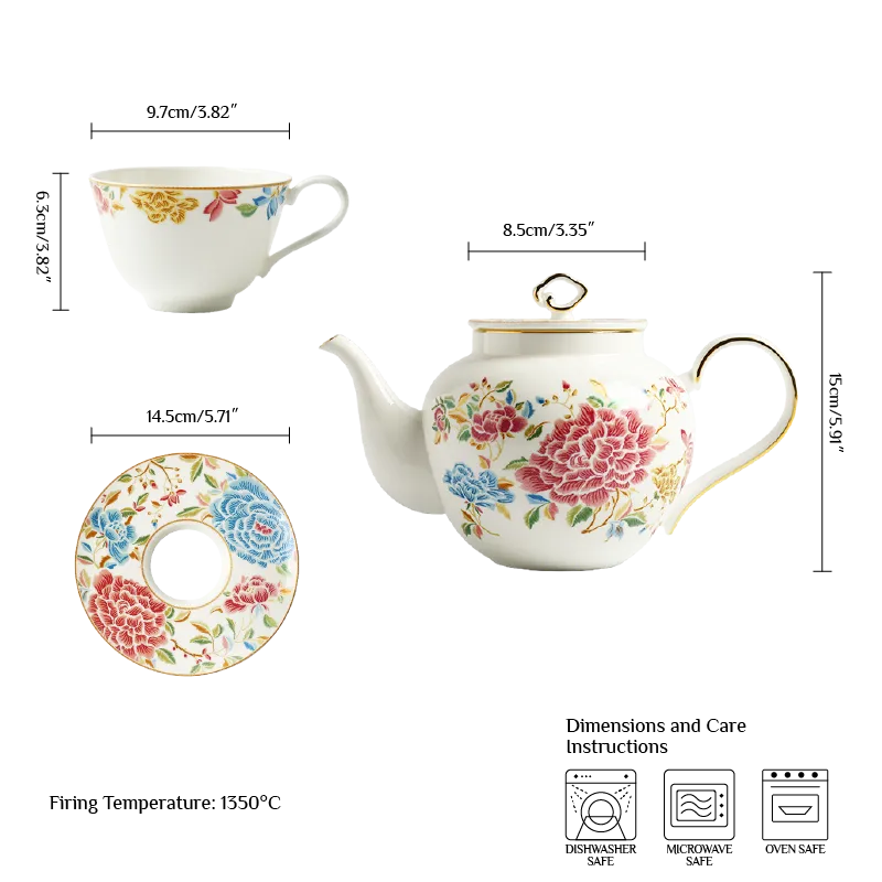 Scale diagram: 480 ml teapot, 180 ml cup, 5.71" saucer measurements.