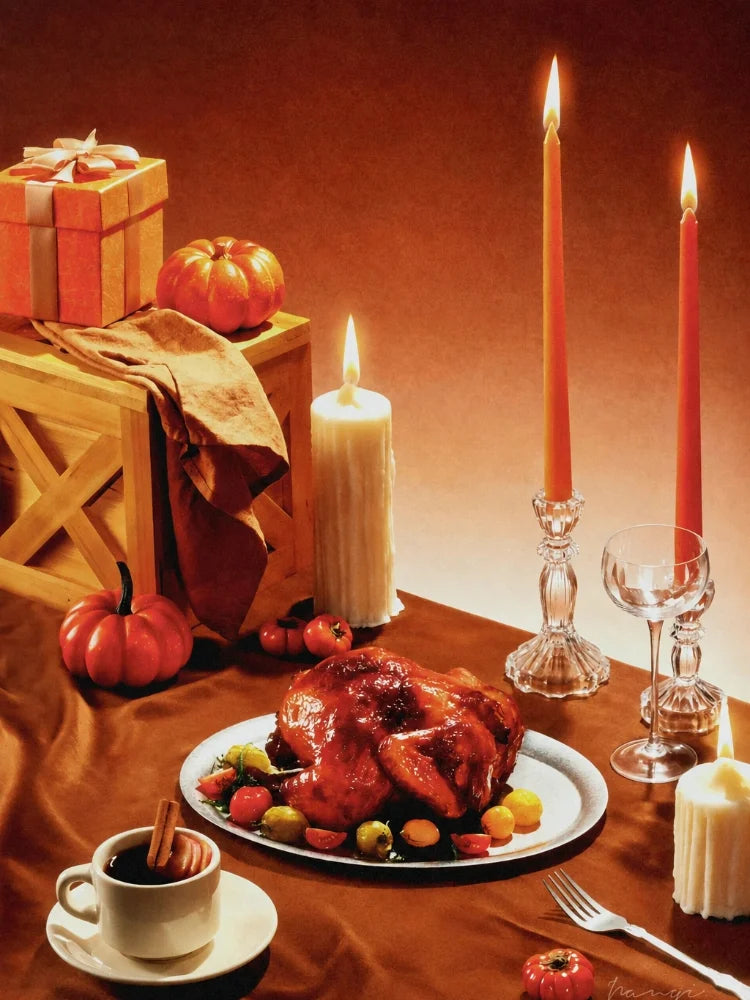 Thanksgiving table decor with candles, pumpkins and roast turkey for an autumn hostess gift and entertaining guide.