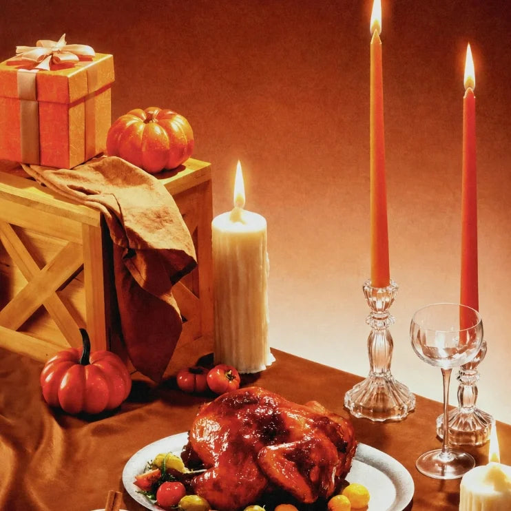 Thanksgiving table decor with candles, pumpkins and roast turkey for an autumn hostess gift and entertaining guide.