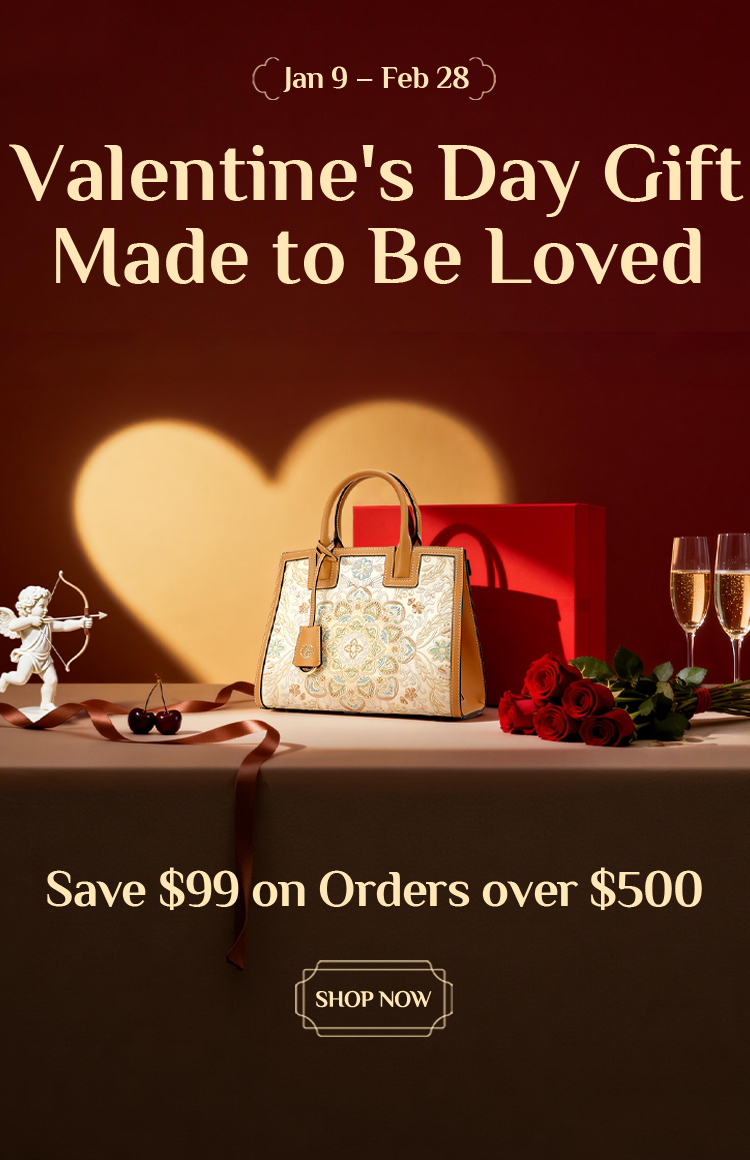 Valentine's Day product page banner featuring Cupid shooting a heart and our embroidered bag.