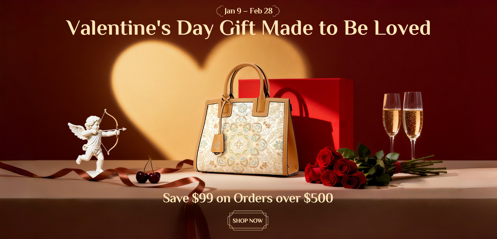 Valentine's Day product page banner featuring Cupid shooting a heart and our embroidered bag.