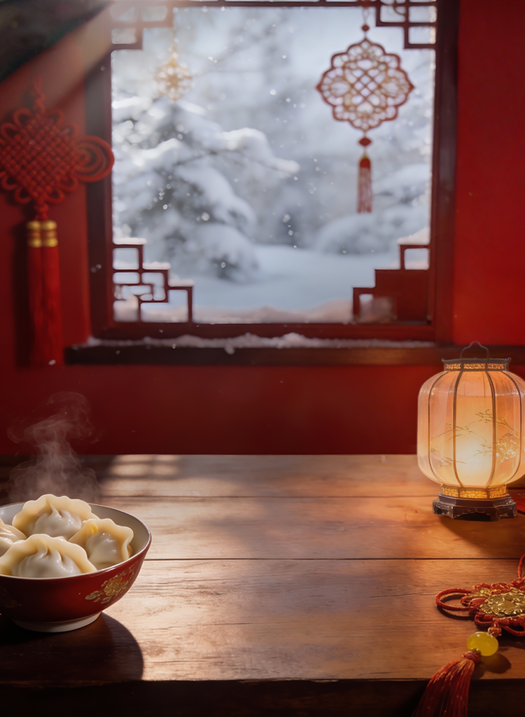 Festive Winter Solstice banner: Warm scene with dumplings and lanterns.