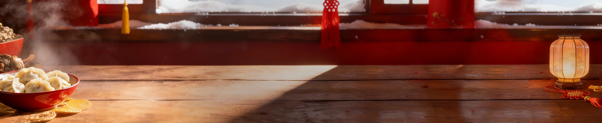 Festive Winter Solstice banner: Warm scene with dumplings and lanterns.