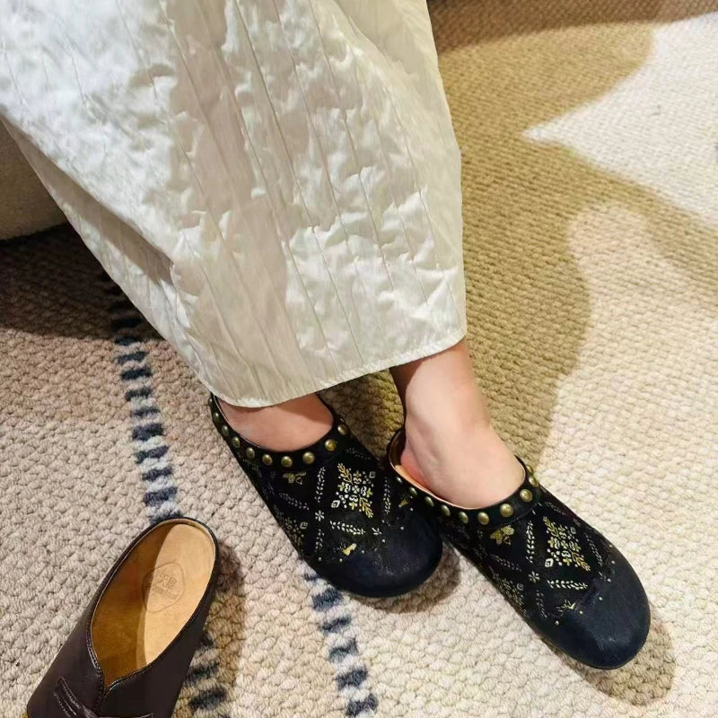 Women styling black Shu Brocade mules with everyday outfits, showcasing elegant Chinese-inspired footwear for casual wear and lifestyle occasions.