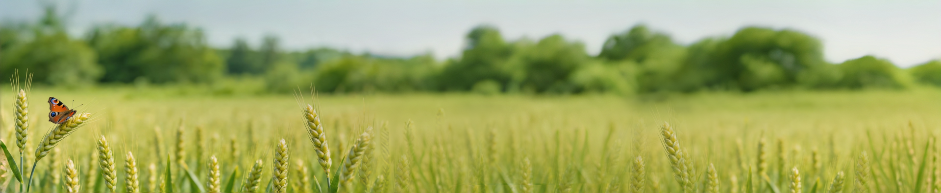 Xiaoman seasonal banner with lush green wheat field and butterfly, representing summer growth and abundance.