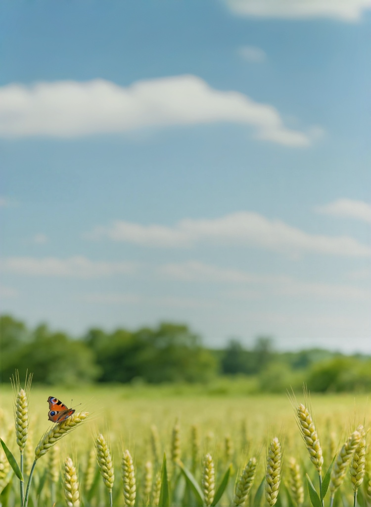 Xiaoman seasonal banner with lush green wheat field and butterfly, representing summer growth and abundance.