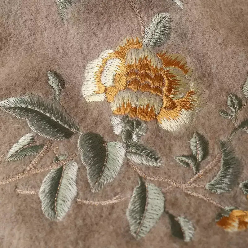 Hand-stitched yellow Chinese rose embroidery on cashmere scarf.