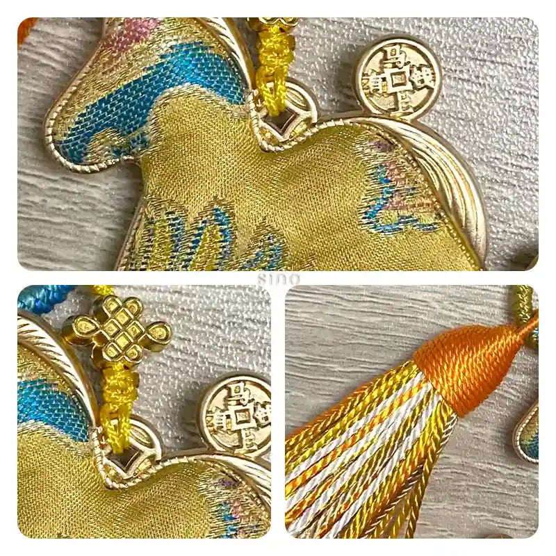 Close-up details of the gold Yunjin brocade rocking horse bag charm, showing the woven fabric, Chinese knot, coin charm, and tassel.