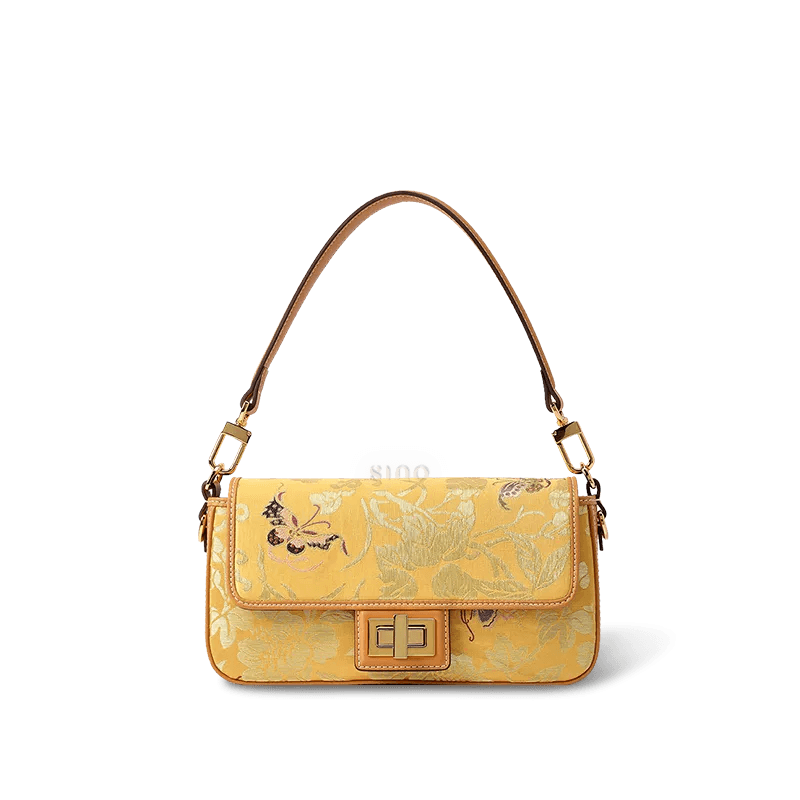 Luxury Yunjin Brocade Leather Handbag with Embroidered Butterfly Pattern - SinoCultural -- FJ220681
