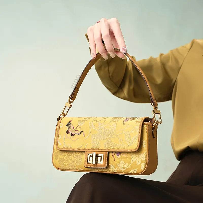 Luxury Yunjin Brocade Leather Handbag with Embroidered Butterfly Pattern - SinoCultural -- FJ220681