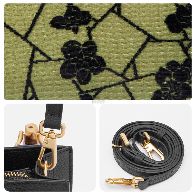 Close-up of Zhangrong Silk Velvet craftsmanship featuring Cracked Ice Plum Blossom motif, premium hardware, and leather shoulder strap on Chinese silk handbag.