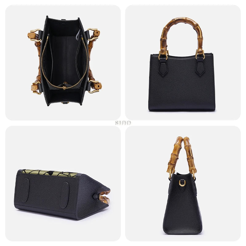 Detailed view of Zhangrong Silk Velvet Cracked Ice Plum Blossom bamboo handle handbag showing interior space, leather back, side structure, and reinforced bottom design.