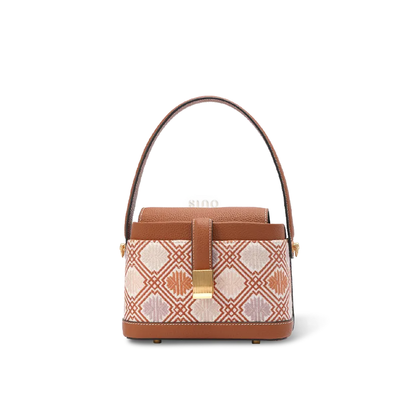 Front view: Zhuang brocade chrysanthemum meander crossbody bag.