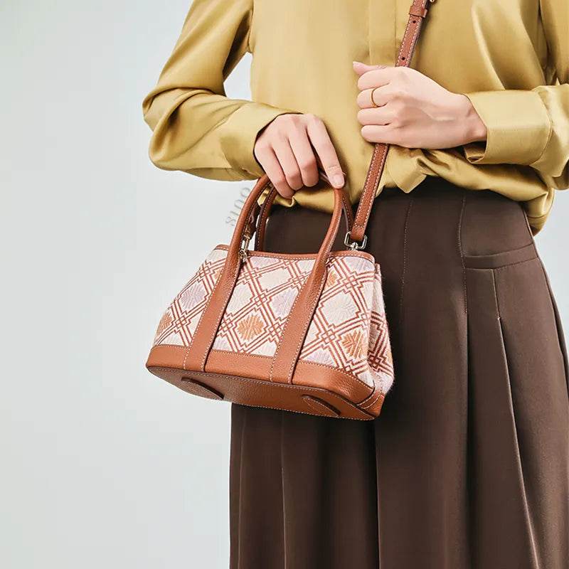 Zhuang Brocade Chrysanthemum Embroidered Leather Luxury Crossbody Bag - SinoCultural -- FJ110692-1