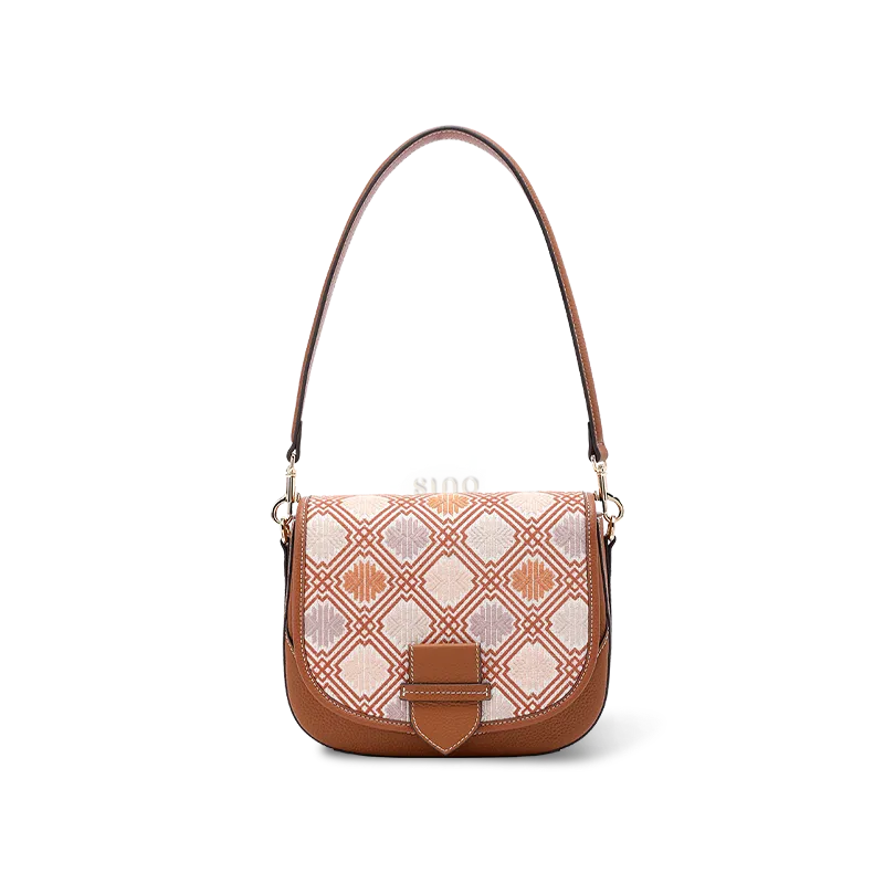 Front view: Zhuang Brocade chrysanthemum pattern messenger bag.