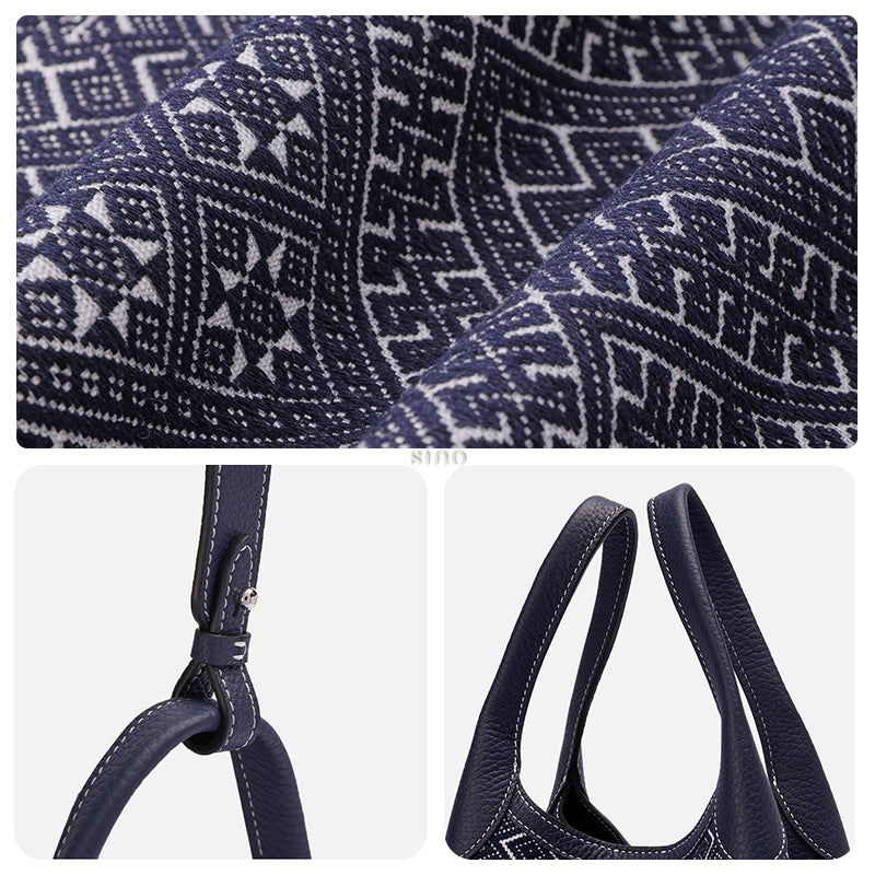 Three panel detail view of Zhuang brocade flying swallow basket tote bag showing woven pattern craftsmanship, premium hardware fittings, and reinforced leather handle details.