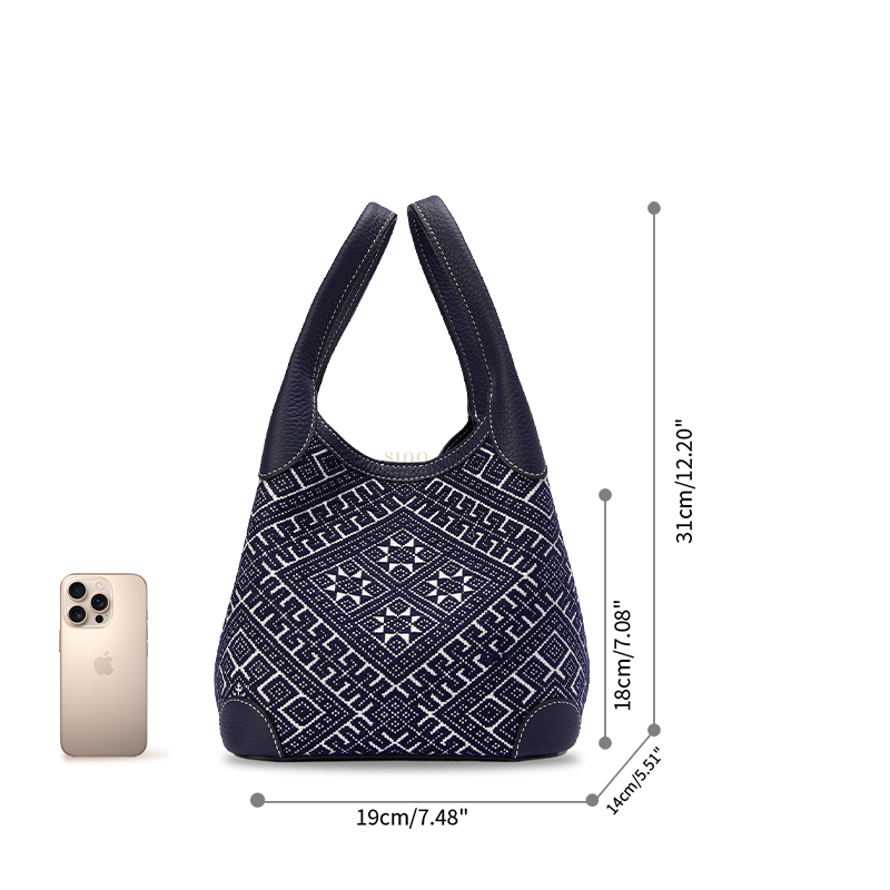 Dimension chart of Chinoiserie Zhuang brocade basket tote bag showing length width height measurements and capacity reference for daily use.
