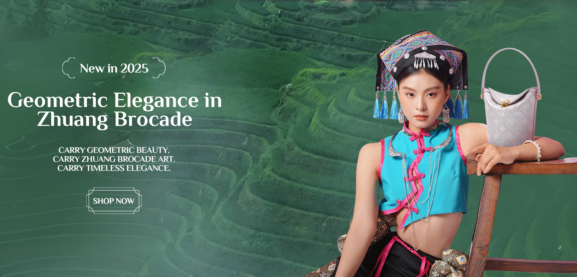 Woman in Zhuang traditional clothing with geometric brocade bag, green terraced fields background, Zhuang Brocade Geometric series.