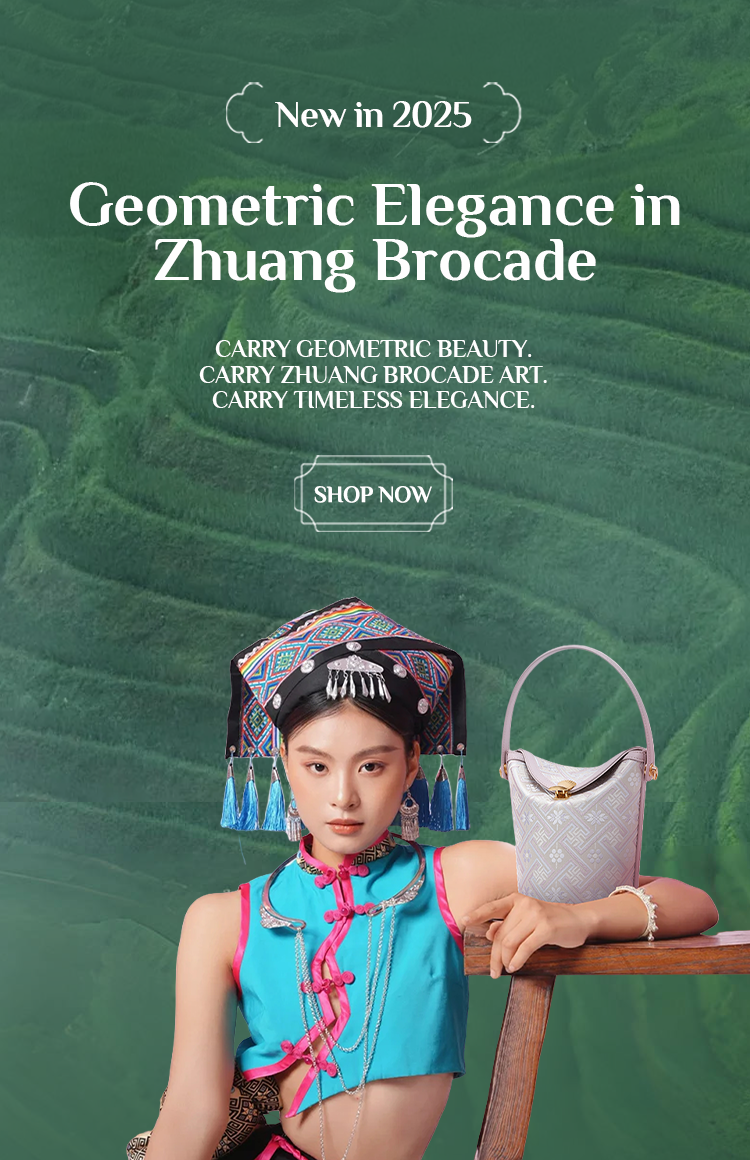 Woman in Zhuang traditional clothing with geometric brocade bag, green terraced fields background, Zhuang Brocade Geometric series.