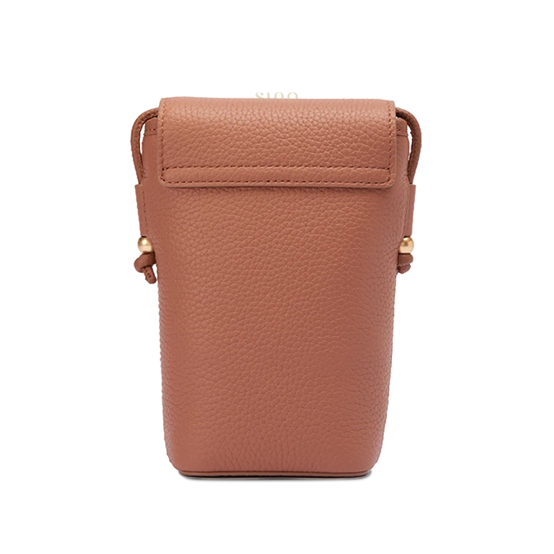 Brown leather and Zhuang Brocade phone bag for women, back view with a clean structured finish.