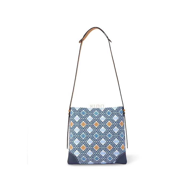 Blue Zhuang brocade crossbody bag with chrysanthemum motif.