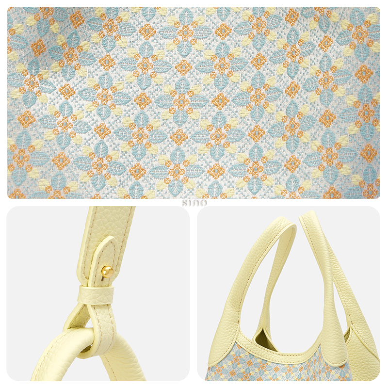 Three-panel detail view of the Luxury Zhuang Brocade Osmanthus Motif Leather Basket Tote Bag, showing the woven brocade texture, strap hardware, and soft leather handles.